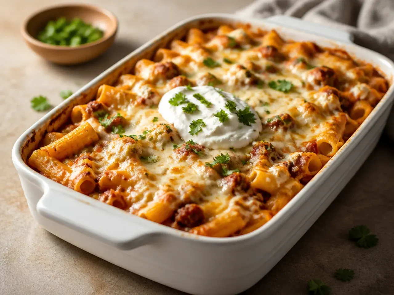Extra-cheesy baked ziti with ground beef and ricotta with a long mozzarella cheese pull