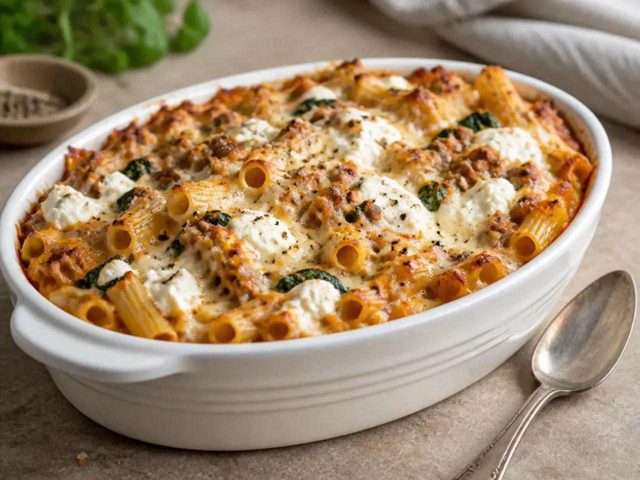 Comforting baked ziti with ground beef, ricotta and spinach in a ceramic baking dish