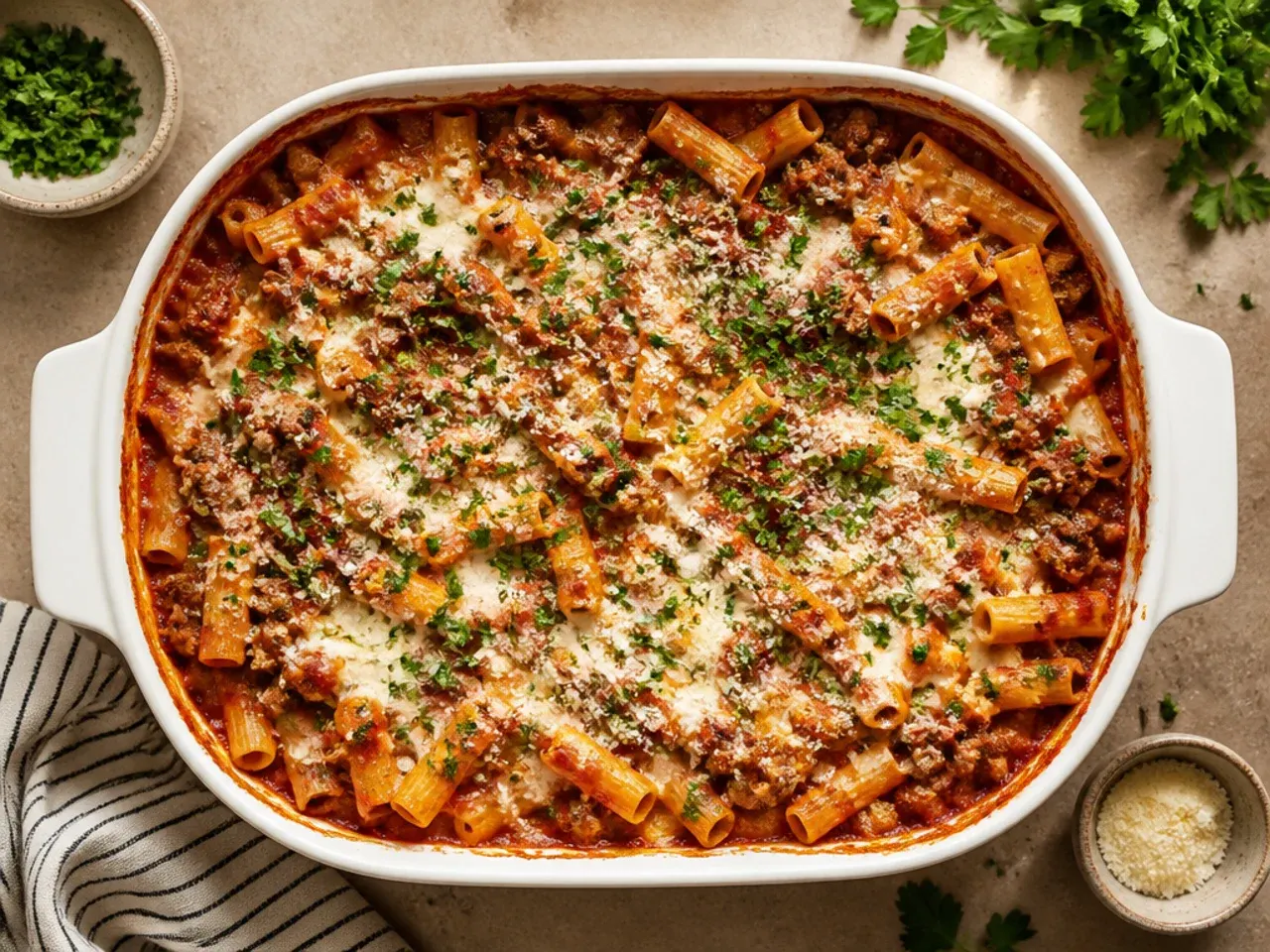 Budget-friendly baked ziti with ground beef and ricotta made with pantry staples