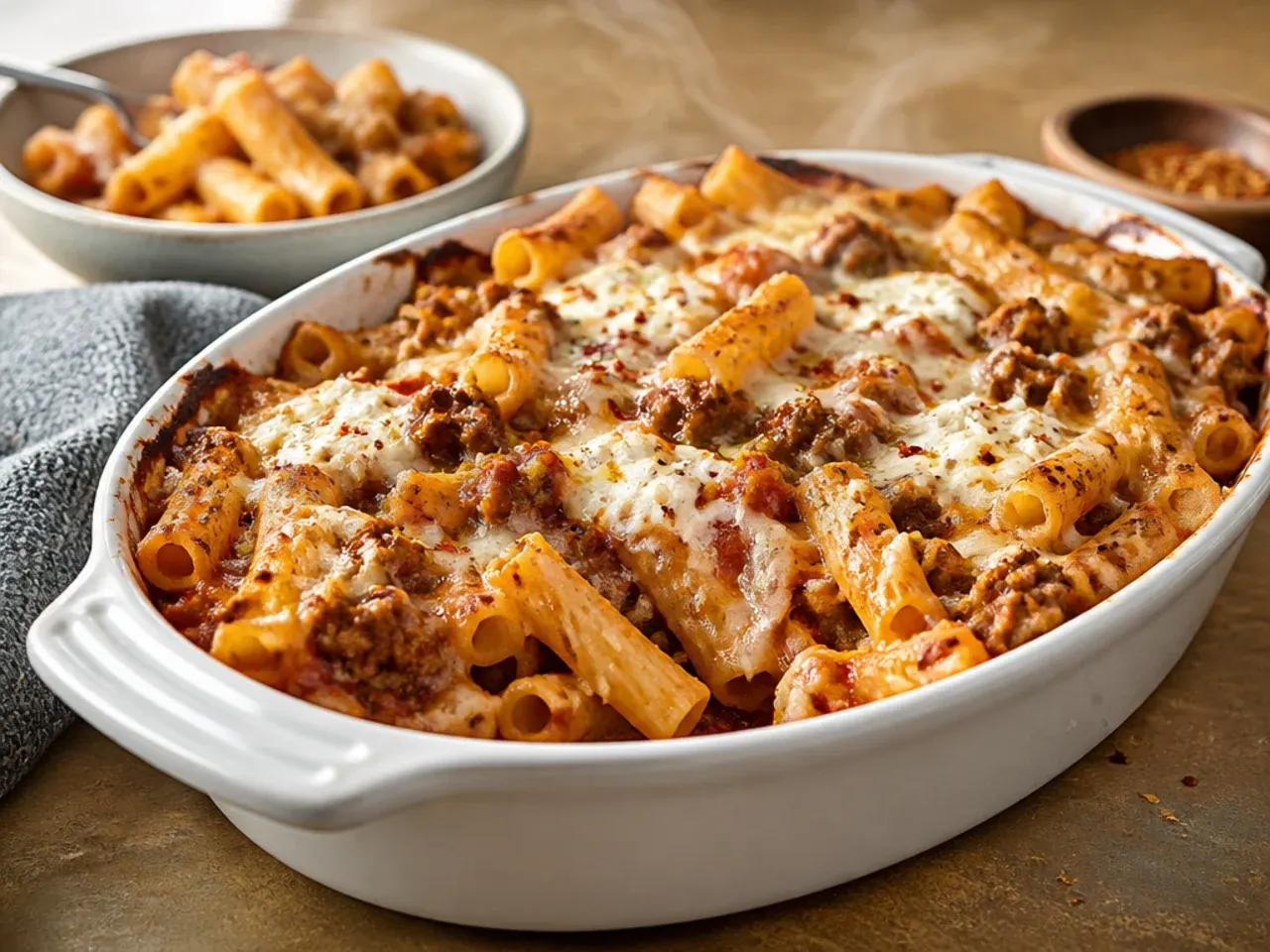 One-pan weeknight baked ziti with ground beef and ricotta cooked in a cast-iron skillet