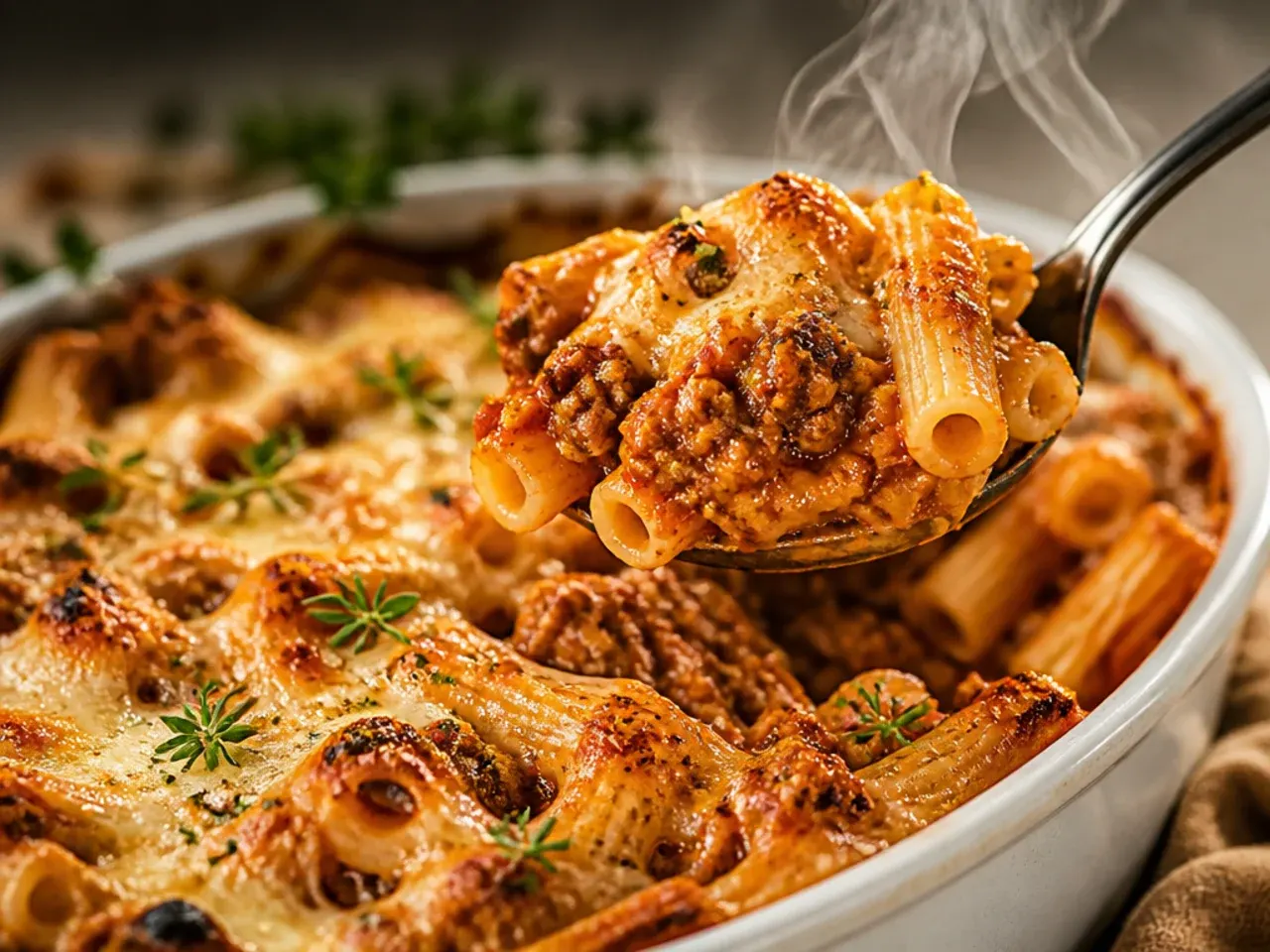 Rustic baked ziti with ground beef, ricotta and roasted garlic topped with fresh basil