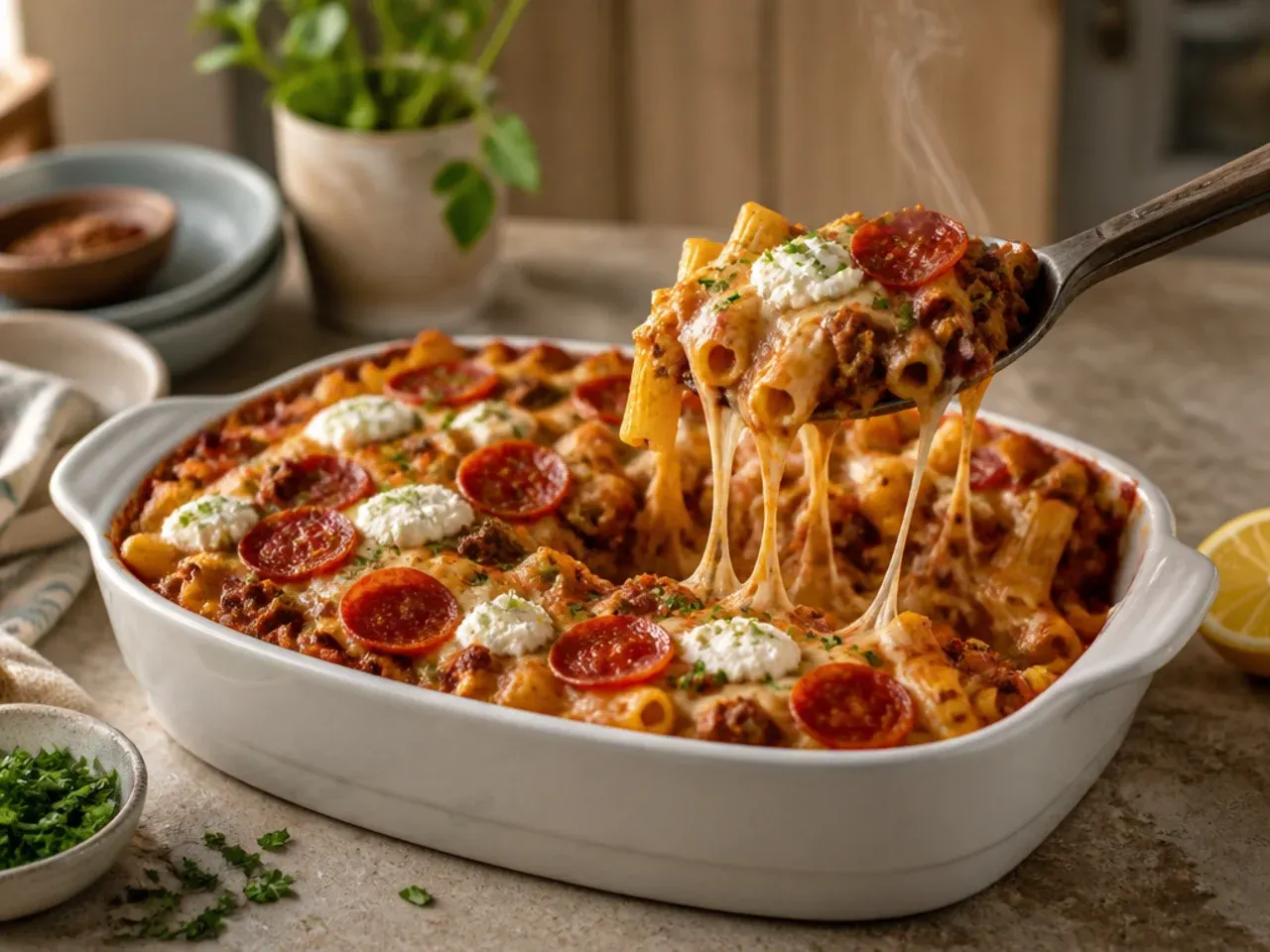 Loaded baked ziti with ground beef, ricotta, sausage and crisped pepperoni on top