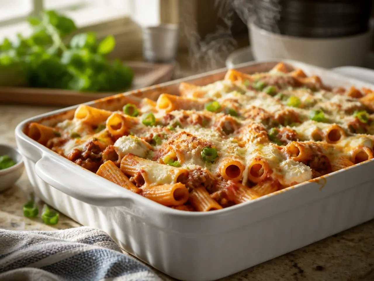 Two large family-size baked ziti with ground beef and ricotta dishes ready for the oven