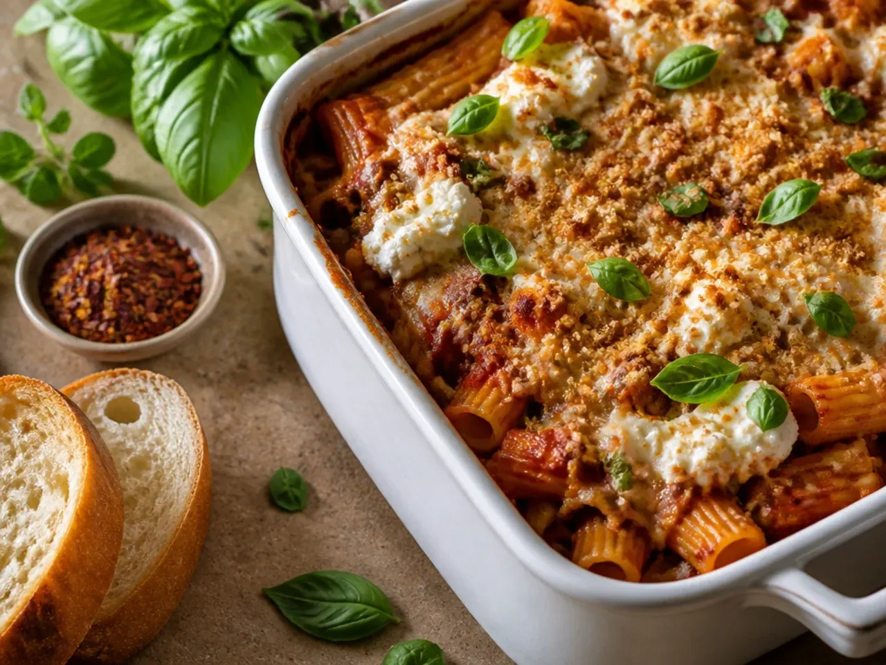 Best-ever baked ziti with ground beef, ricotta and fresh basil garnish, close-up slice