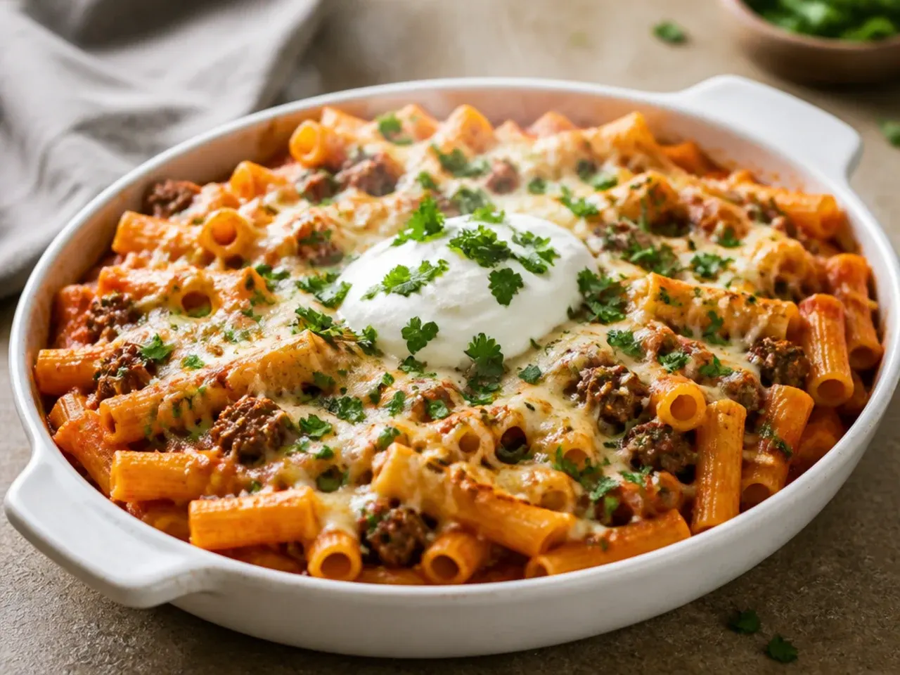 One-pot stovetop baked ziti with ground beef and ricotta in a large enamel pot