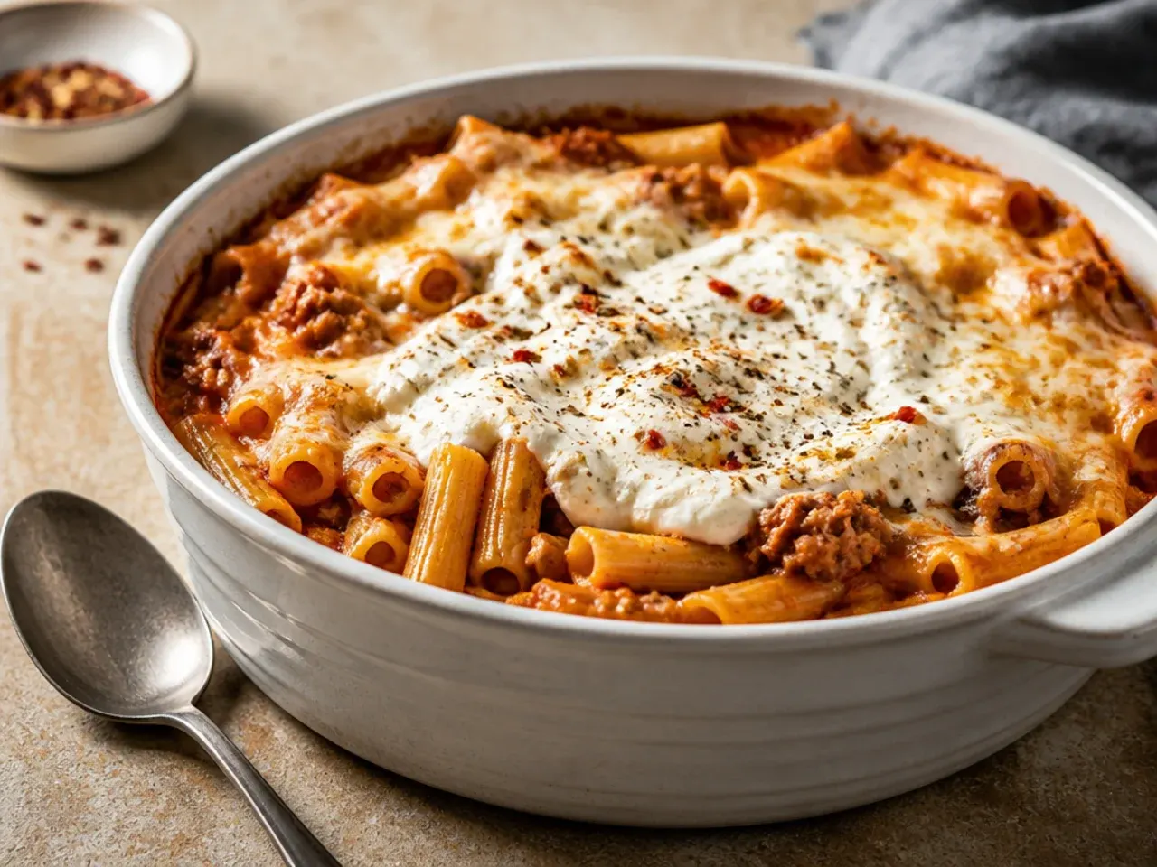 Spicy baked ziti with ground beef, ricotta and chilli flakes drizzled with hot honey