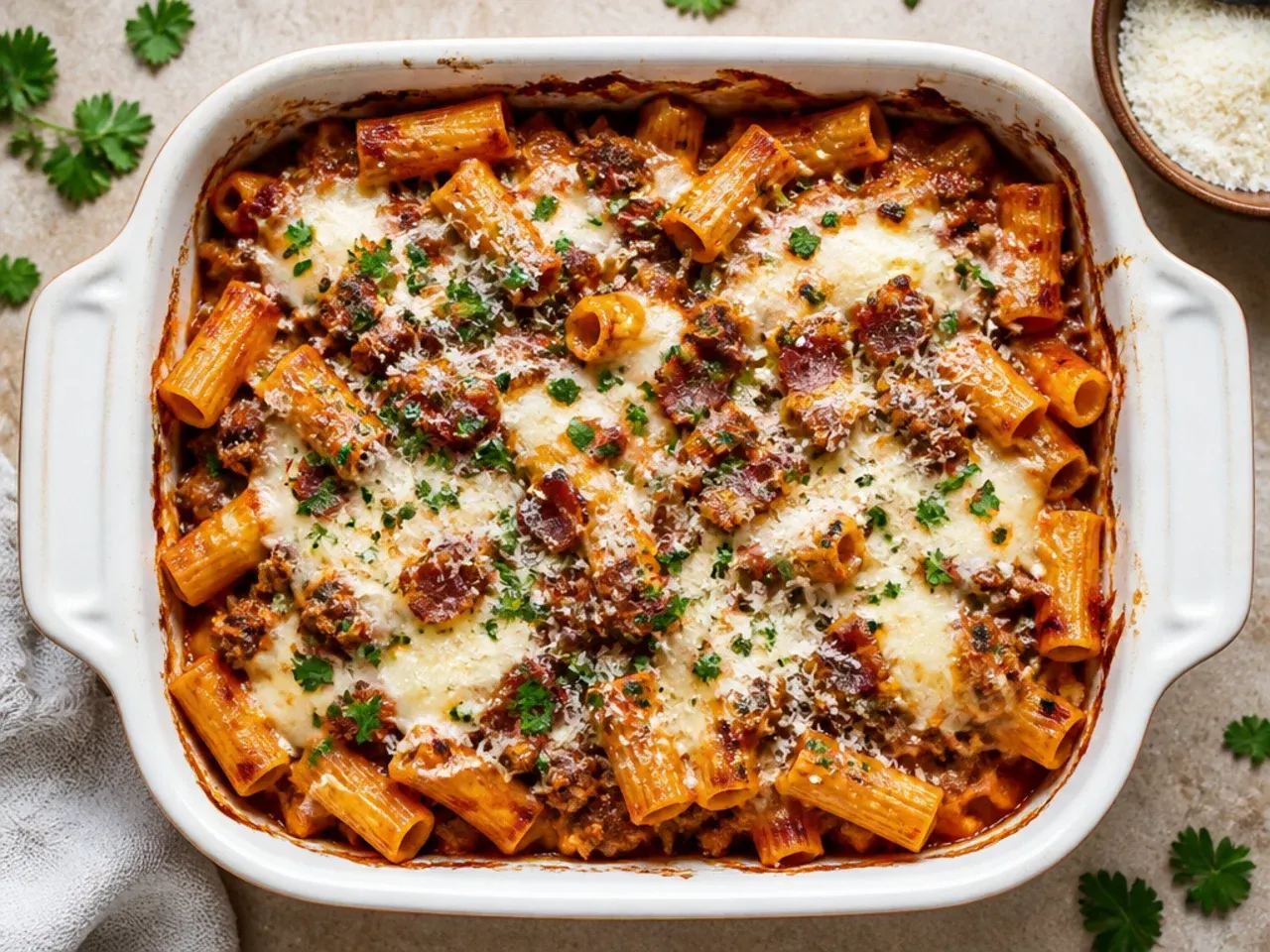 Smoky baked ziti with ground beef, ricotta and crisp bacon pieces on top