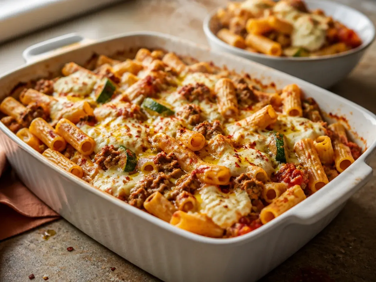 Veggie-packed baked ziti with ground beef, ricotta and diced courgette and peppers