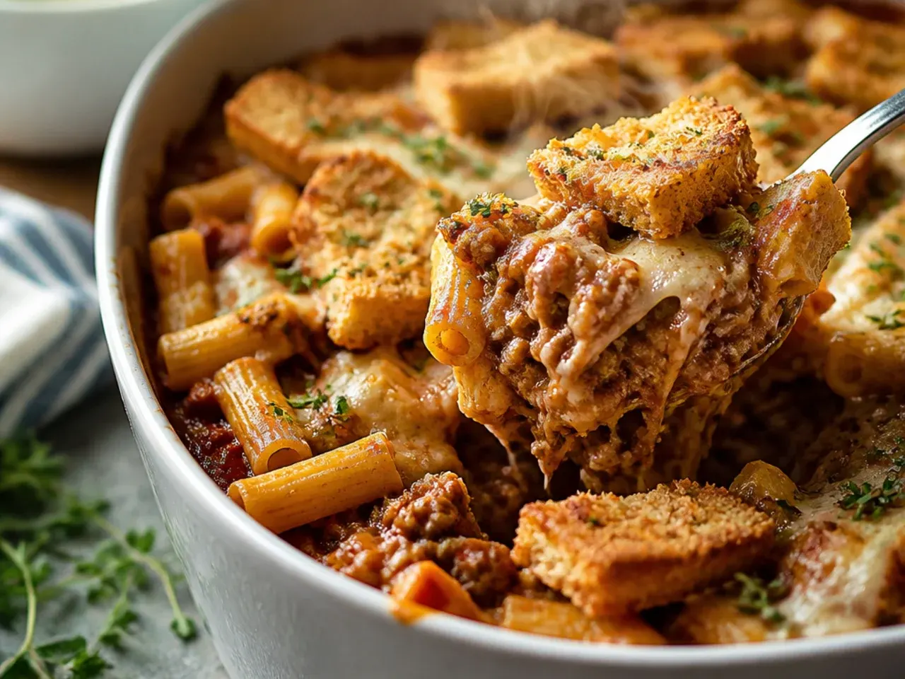 Garlic bread-topped baked ziti with ground beef and ricotta with golden toasted bread slices