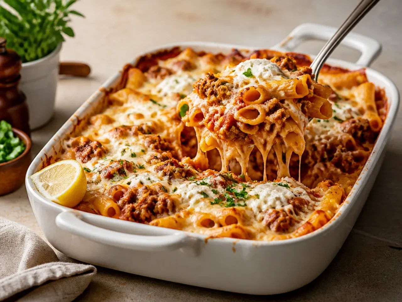 Freezer-friendly baked ziti with ground beef and ricotta wrapped and ready to freeze