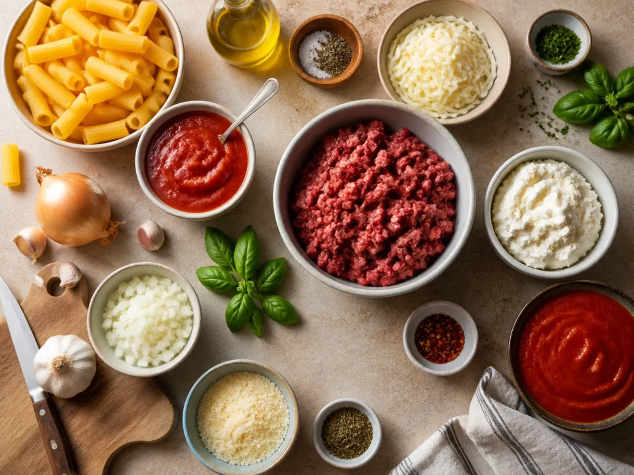 Close-up of hands sprinkling mozzarella over unbaked ziti with ground beef and ricotta
