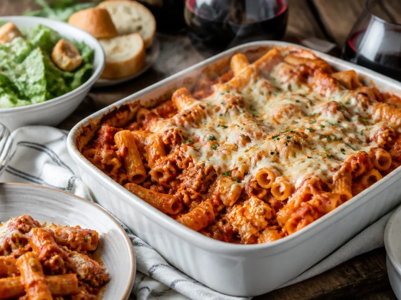 Plated serving of baked ziti with ground beef and ricotta alongside a green salad and garlic bread