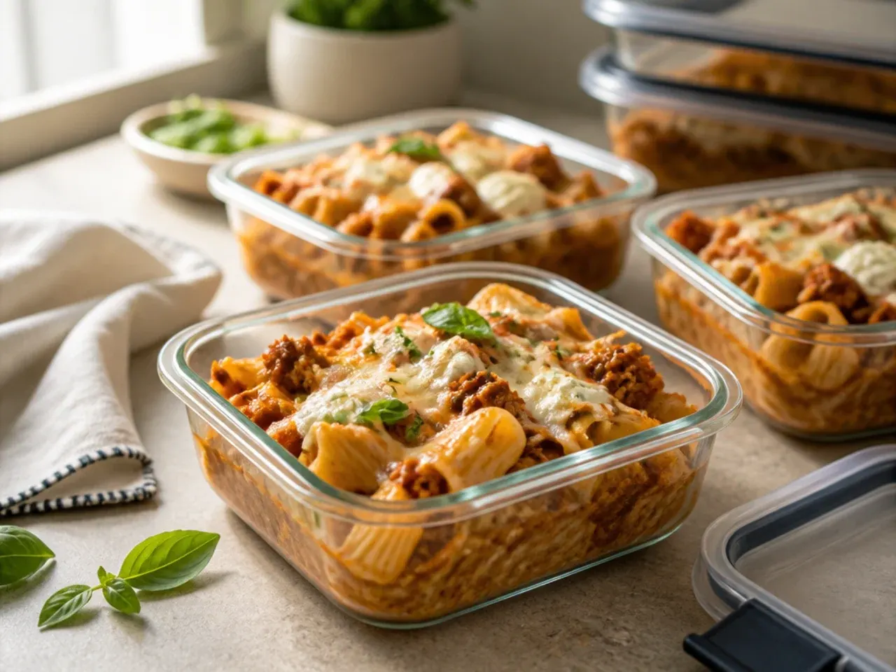 Baked ziti with ground beef and ricotta leftovers stored in a glass container