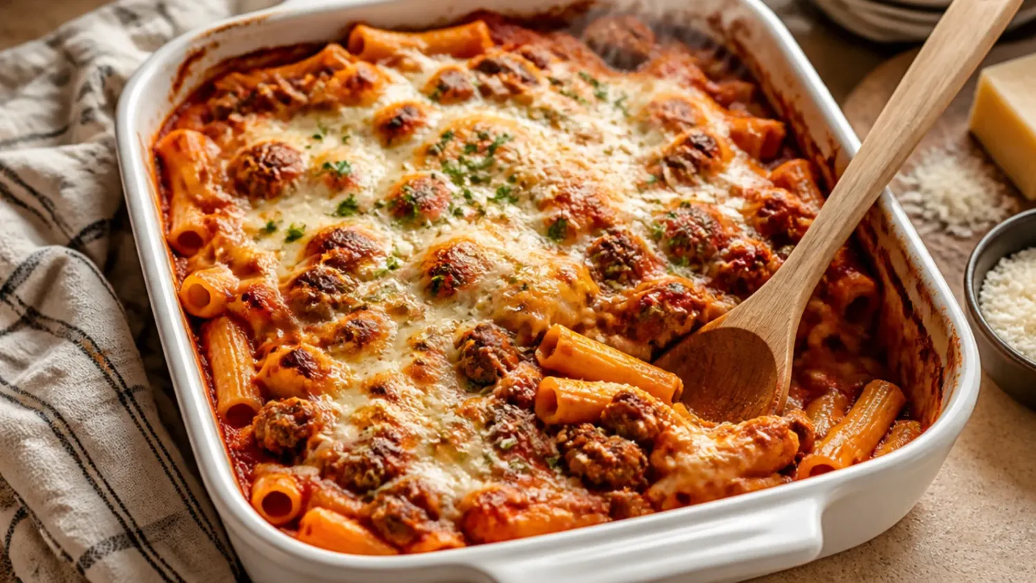 A bubbling dish of baked ziti with Italian sausage, golden melted mozzarella on top and a wooden spoon lifting out a cheesy portion