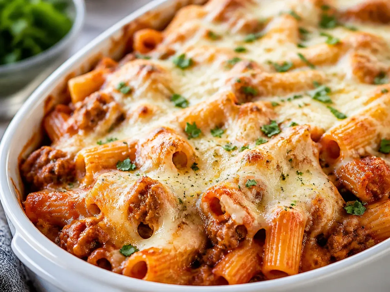 Overhead shot of a full baking dish of golden, bubbling baked ziti with Italian sausage fresh out of the oven