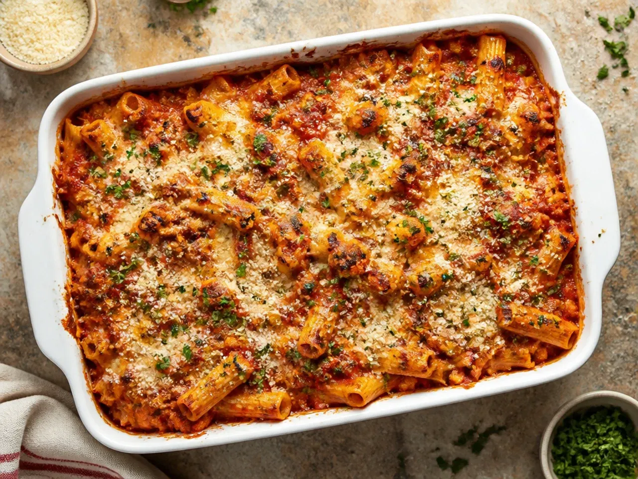 Close-up of classic baked ziti with Italian sausage showing layers of pasta, tomato sauce and melted cheese