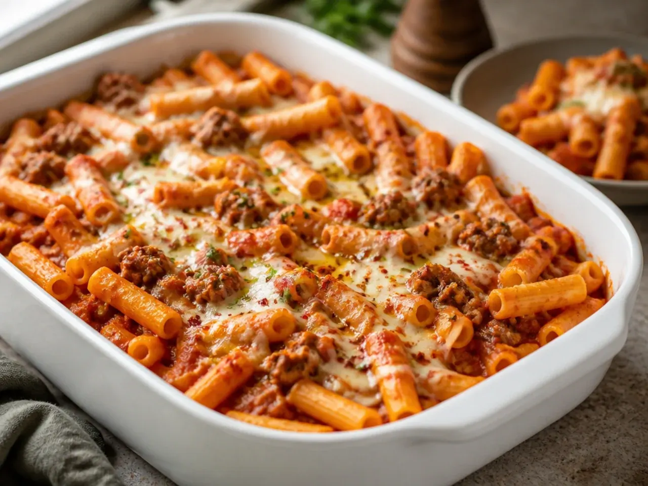 A single portion of quick weeknight baked ziti with Italian sausage on a plate with a fork