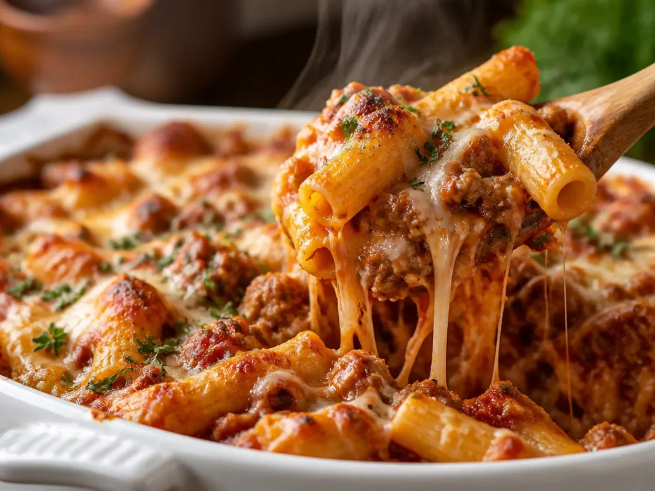 Baked ziti with Italian sausage and ground beef in a deep casserole dish, thick and meaty
