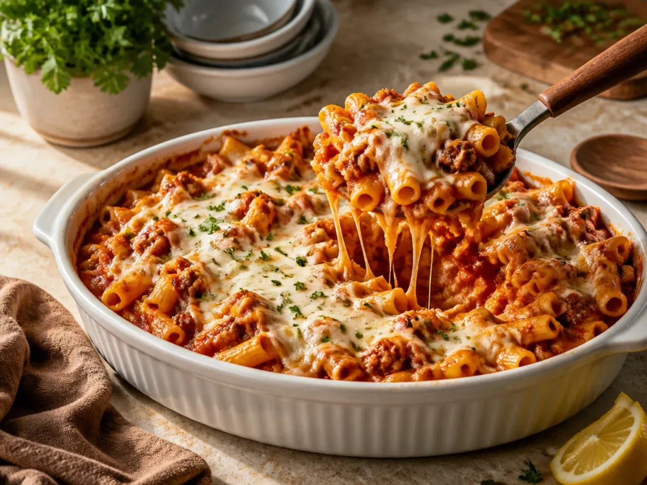 Slow cooker filled with baked ziti with Italian sausage, cheese melting into the sauce