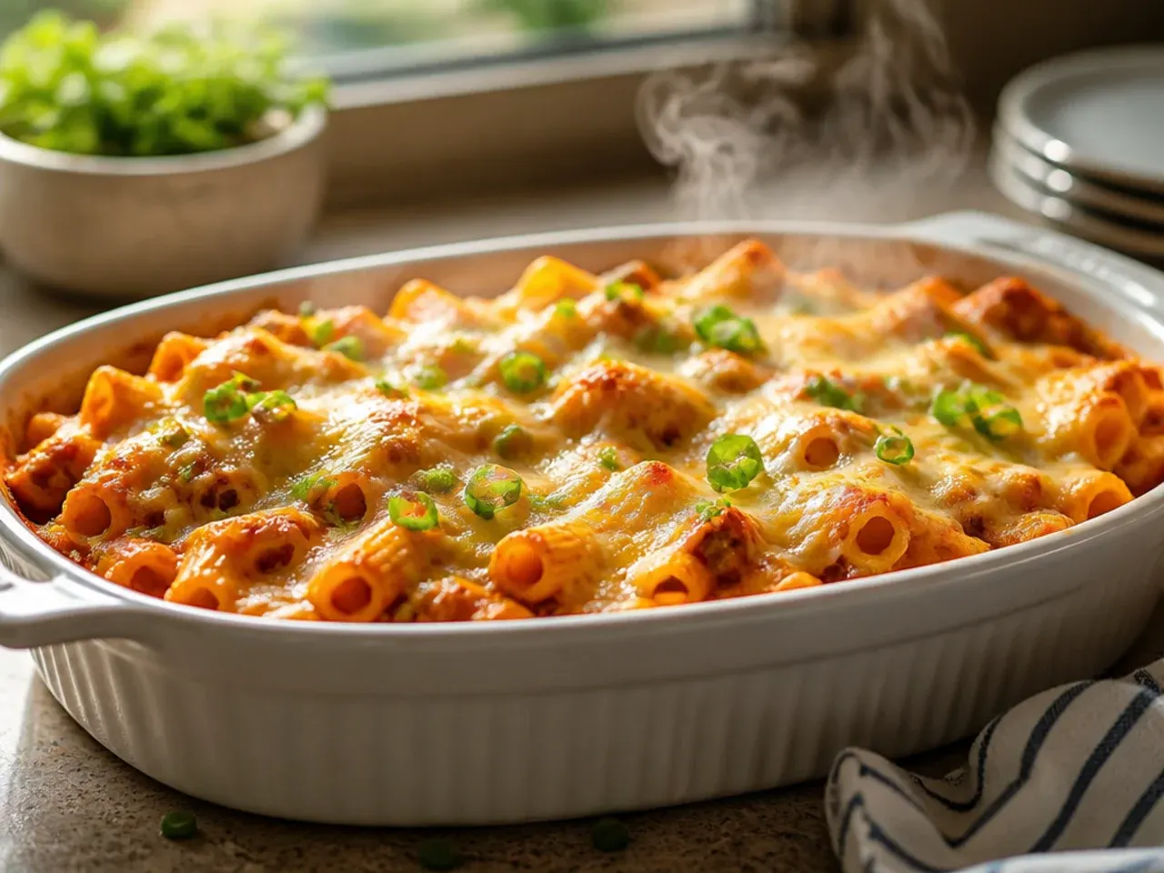 Fork lifting a cheesy, creamy strand of baked ziti with Italian sausage from the dish