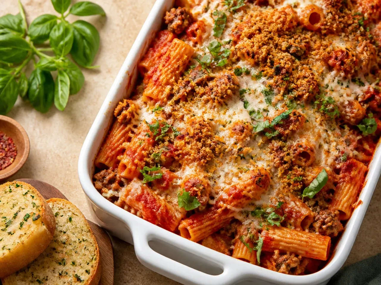 Simple five-ingredient baked ziti with Italian sausage in a white baking dish