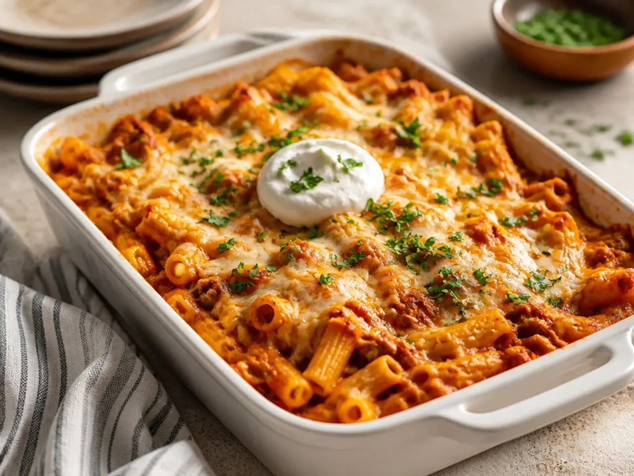 Overhead shot of extra-cheesy baked ziti with Italian sausage with long cheese pulls