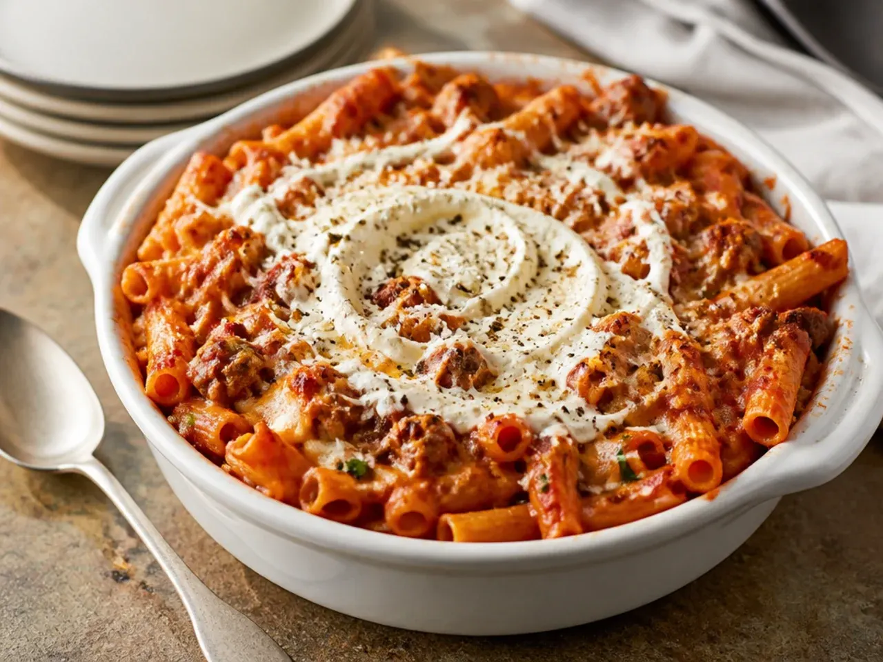 Family-style Sunday baked ziti with Italian sausage served at the table with garlic bread