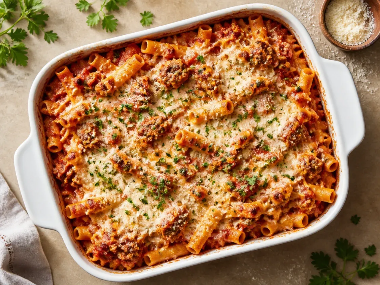 Budget baked ziti with Italian sausage and beans in a casserole dish, generous portions