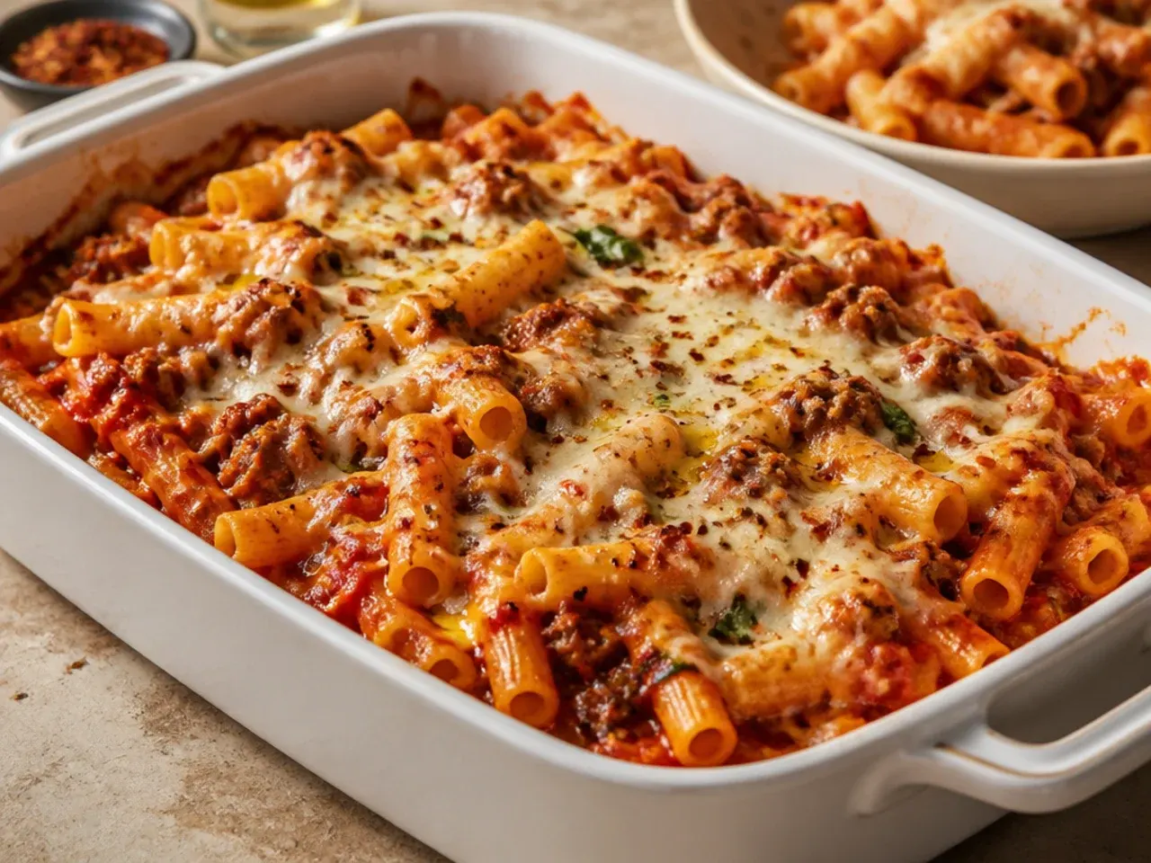 Sheet-pan baked ziti with Italian sausage with crisp, browned edges