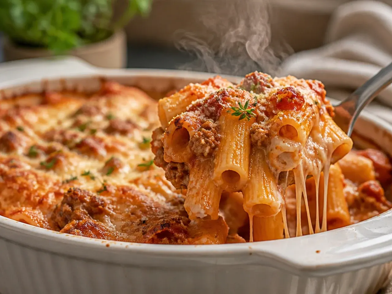 Rustic baked ziti with Italian sausage with a chunky tomato sauce and torn basil