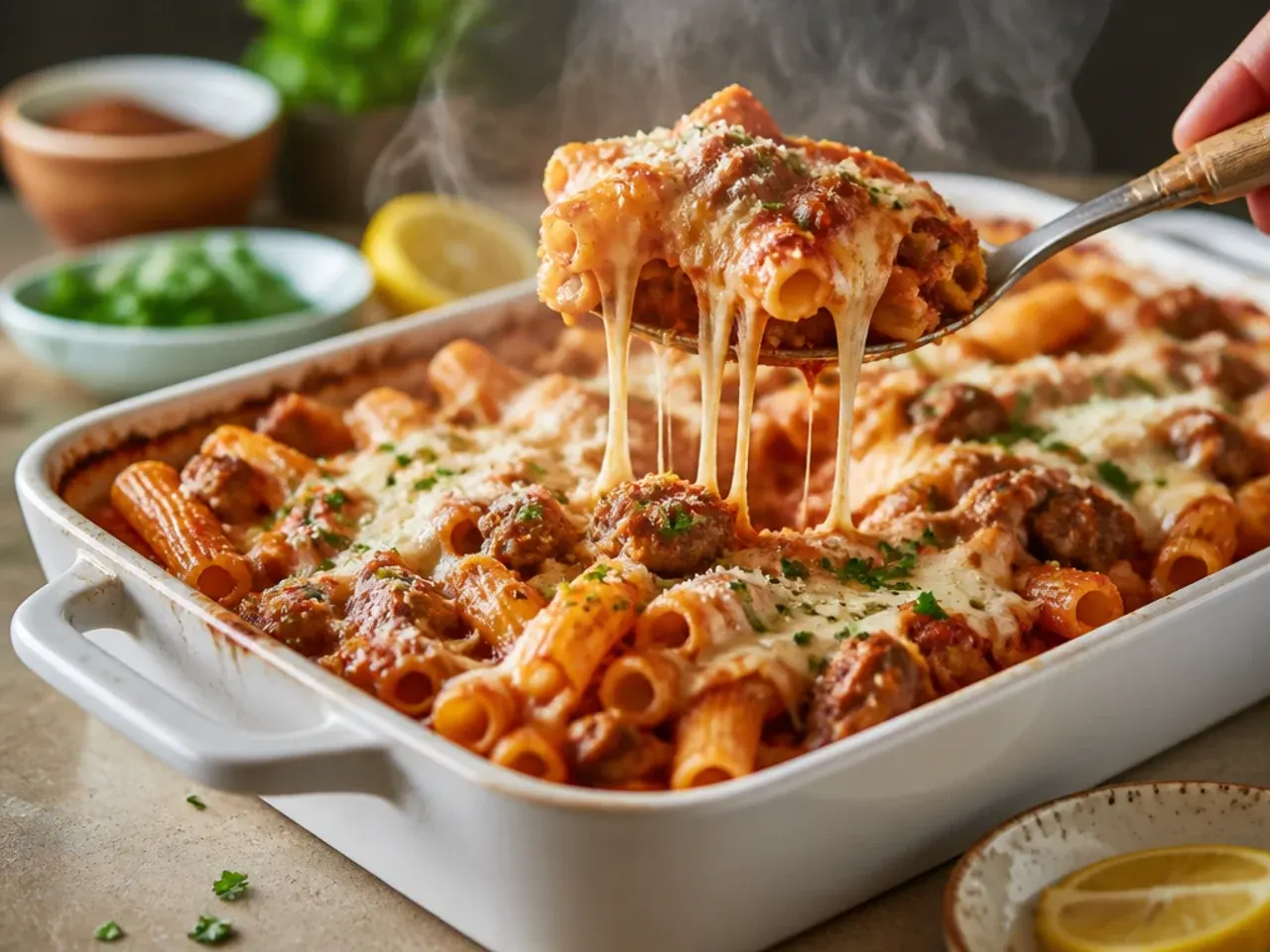 Loaded baked ziti with Italian sausage, pepperoni and pancetta, cheese bubbling on top