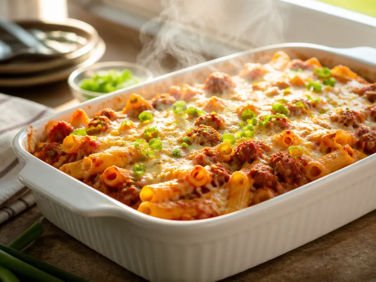 Two large family-size dishes of baked ziti with Italian sausage side by side