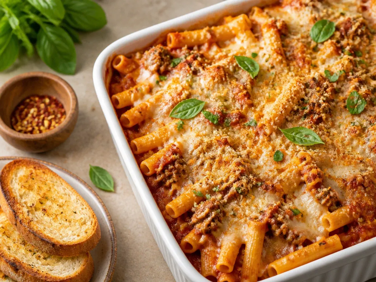 Baked ziti with Italian sausage with a deeply golden, bubbling, browned cheese top