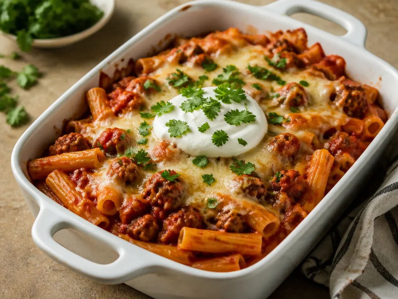 One-pot baked ziti with Italian sausage in a Dutch oven, cheese melted on top
