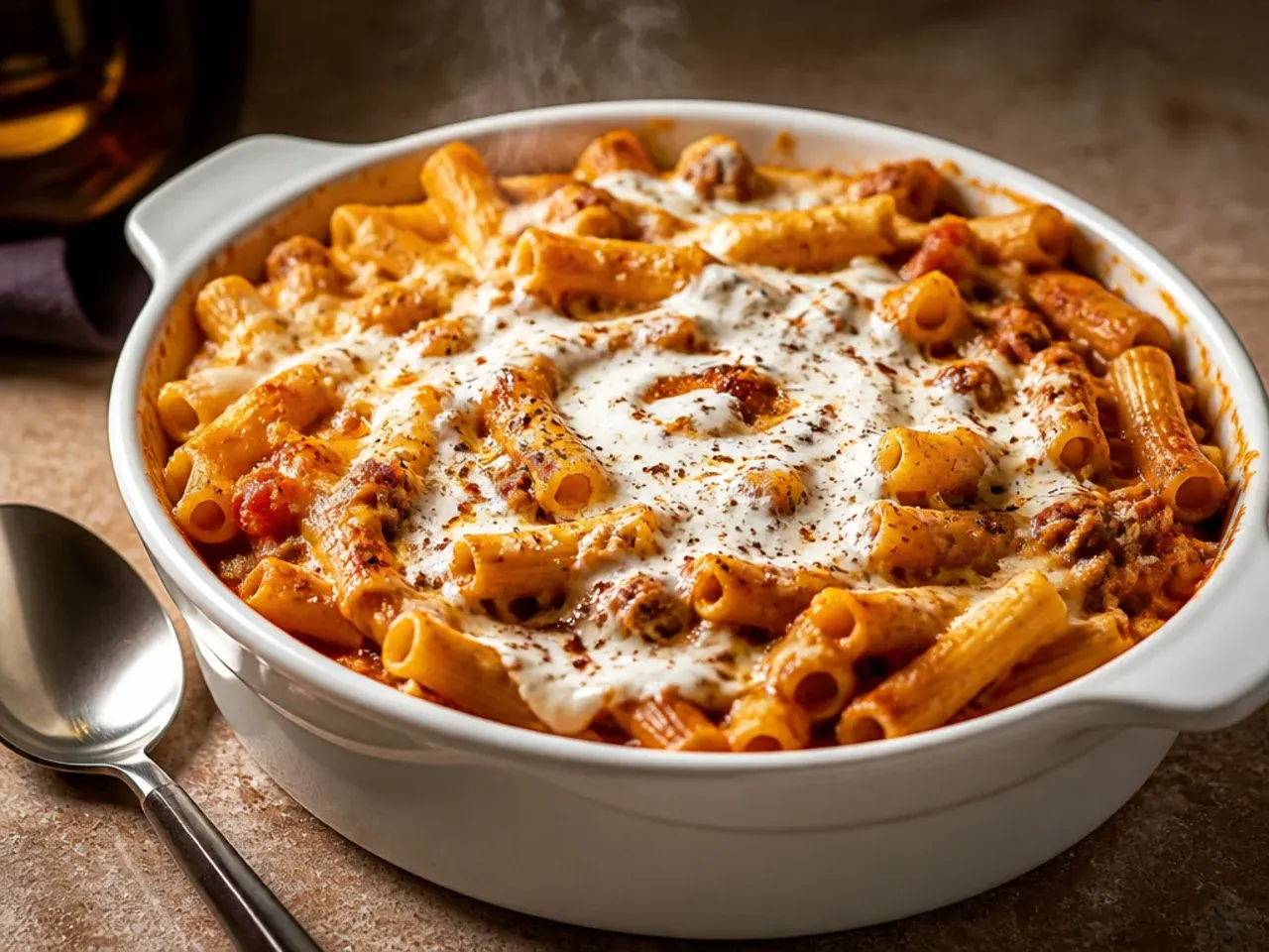 Spicy baked ziti with Italian sausage with visible red chilli flakes and a fiery red sauce