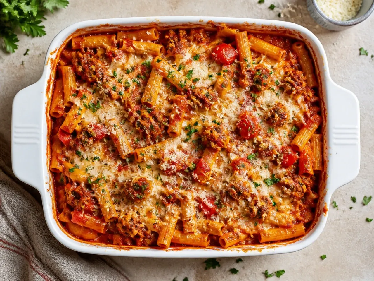 Baked ziti with Italian sausage and roasted red peppers, colourful streaks through the sauce