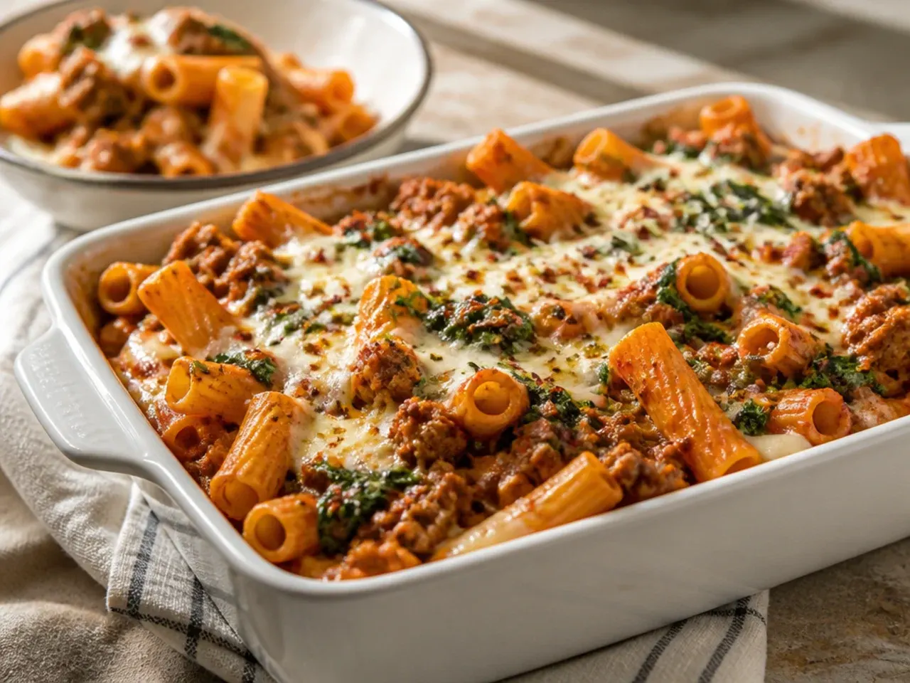 Baked ziti with Italian sausage and wilted spinach folded through the sauce