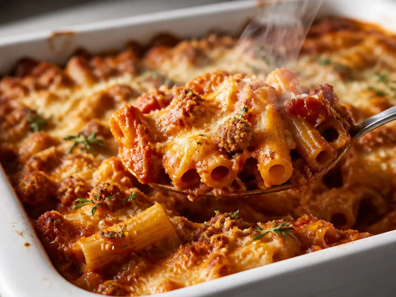 Baked ziti with Italian sausage in a deep, smoky red fire-roasted tomato sauce