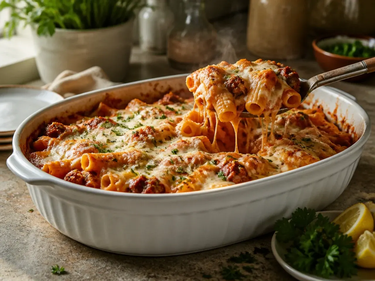Herb-flecked baked ziti with Italian sausage topped with fresh chopped parsley