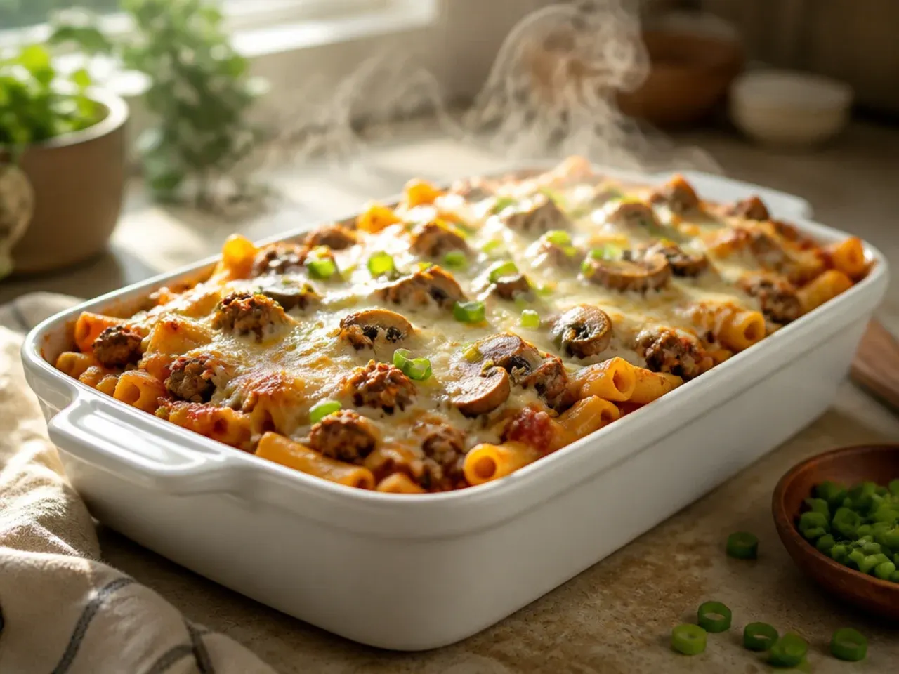 Baked ziti with Italian sausage and sautéed mushrooms mixed through the sauce