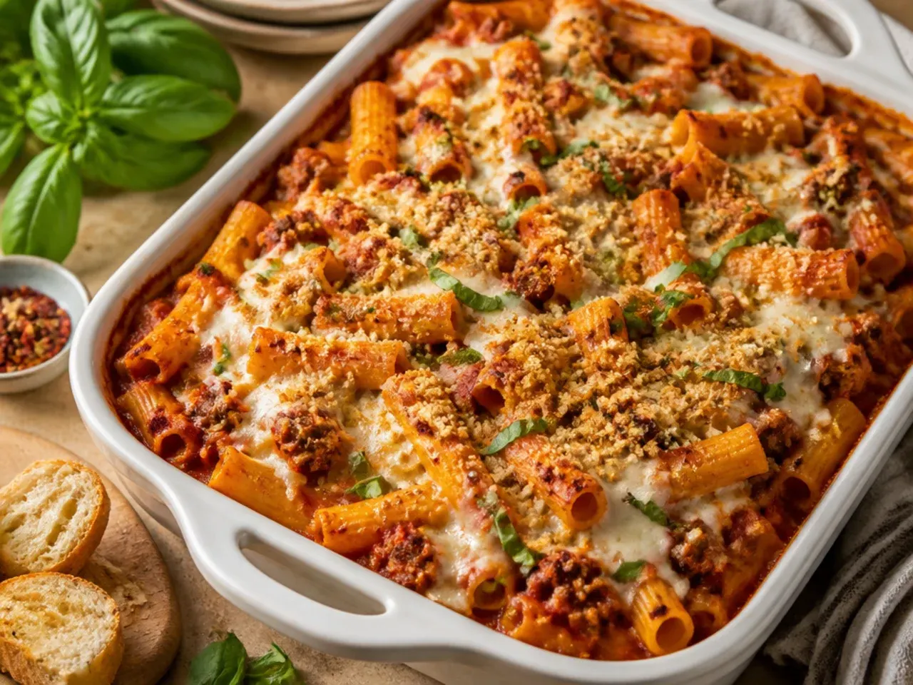 Four-cheese baked ziti with Italian sausage showing distinct cheese layers when sliced