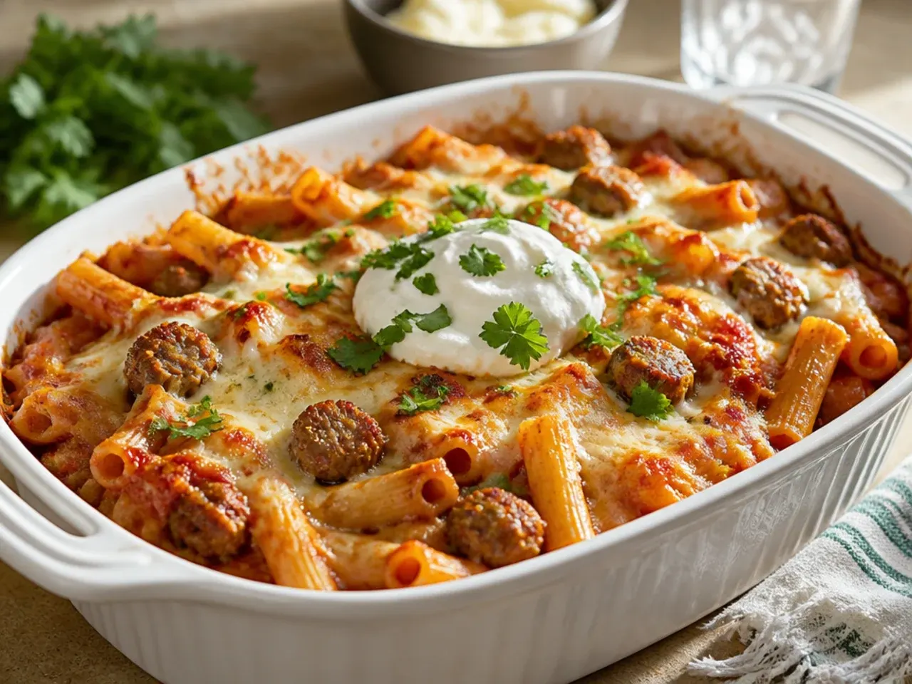 Baked ziti with Italian sausage in a pink, creamy vodka sauce
