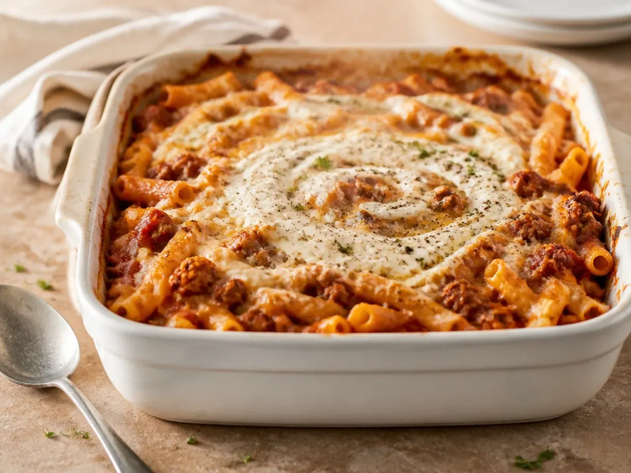Foil tray of unbaked, frozen baked ziti with Italian sausage ready for the freezer