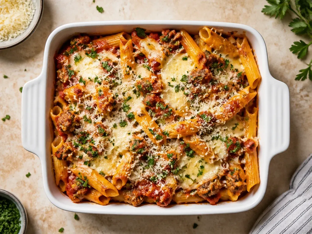 Individual ramekins of baked ziti with Italian sausage, each with a golden cheese top