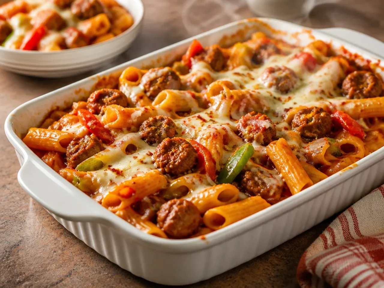 Baked ziti with Italian sausage, peppers and onions, colourful and rustic
