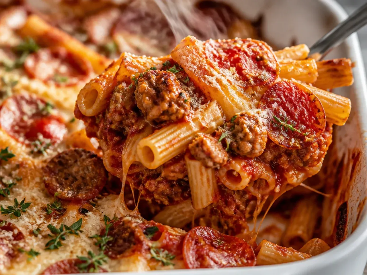 Baked ziti with Italian sausage topped with crisped pepperoni cups and melted cheese