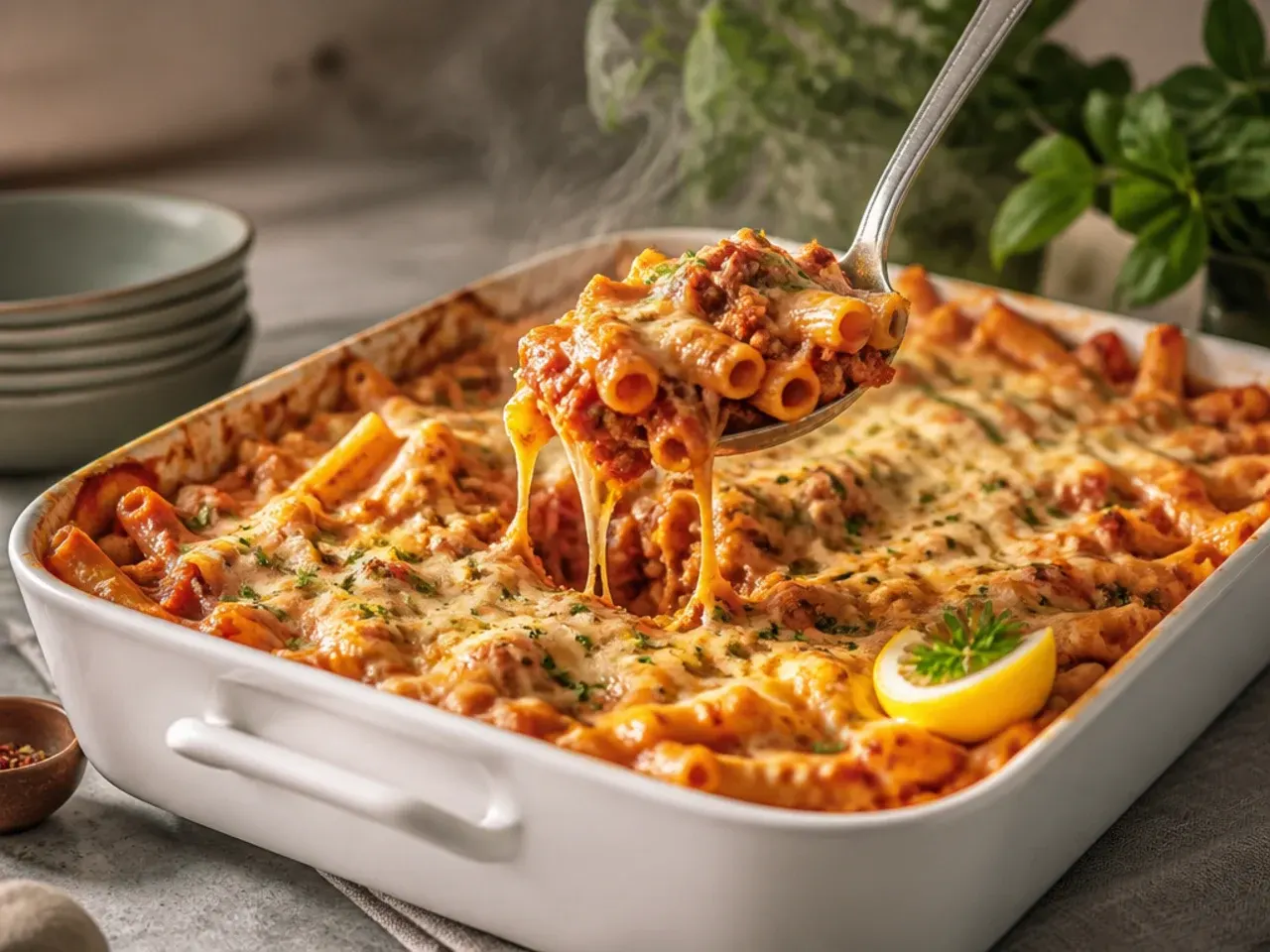 Large catering-size dish of baked ziti with Italian sausage ready for a potluck