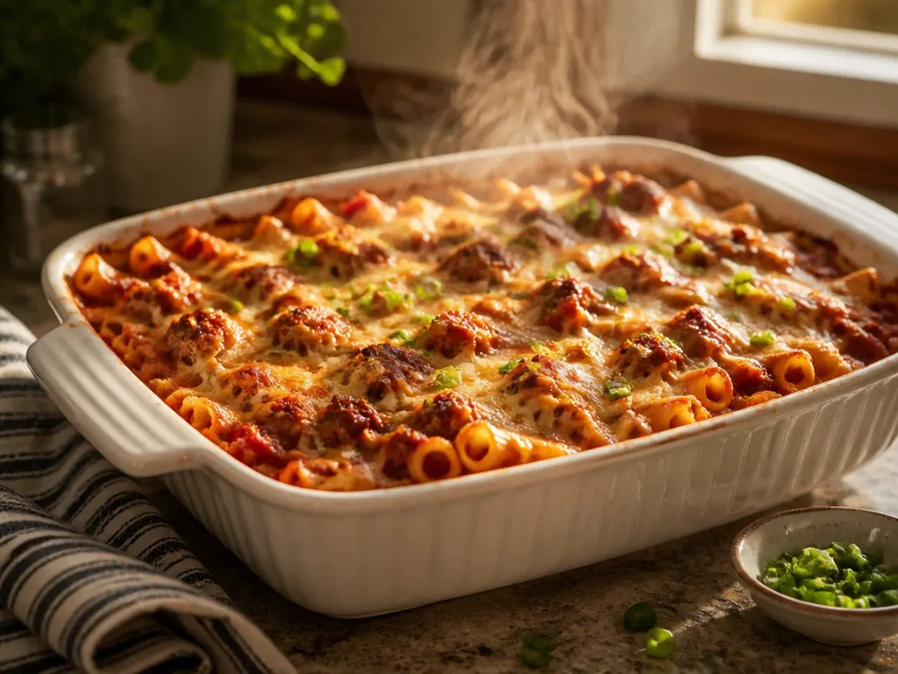Baked ziti with Italian sausage with a deeply charred, golden broiled cheese top