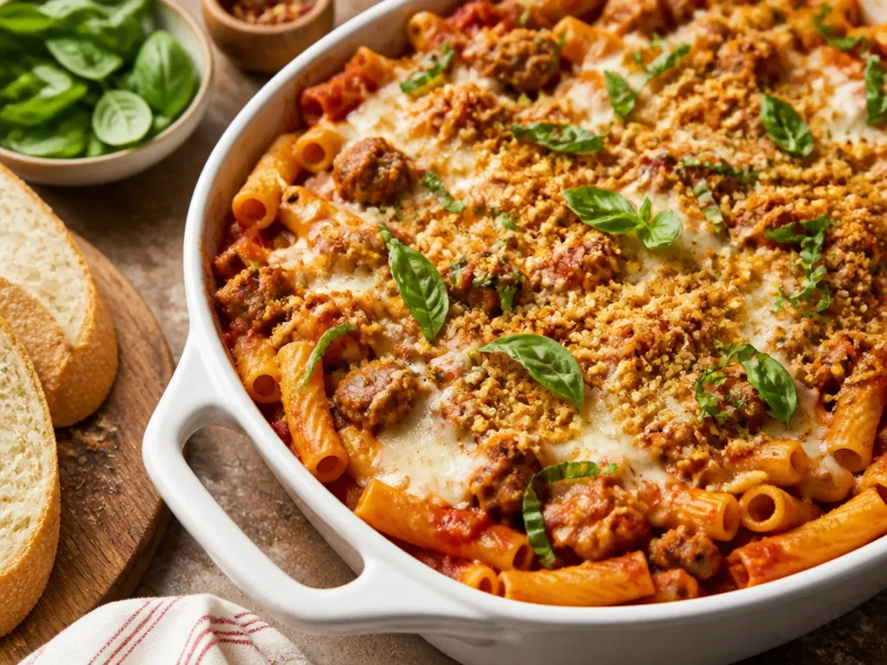 Cast iron skillet of baked ziti with Italian sausage with a browned cheese top