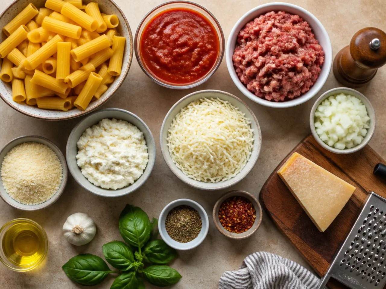 Close-up of hands mixing ricotta cheese with parsley and egg for baked ziti